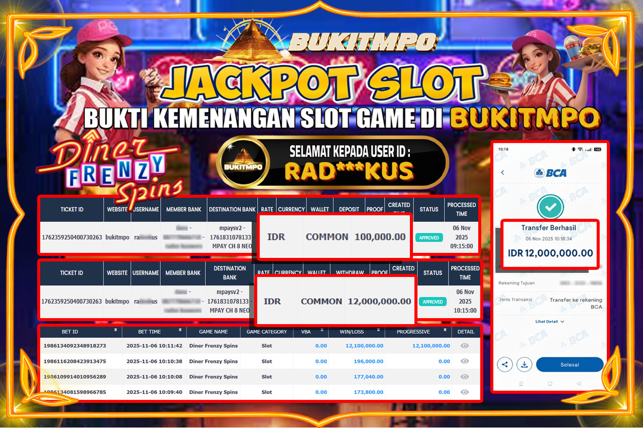 BUKITMPO JACKPOT DINER FRENZY SPINS Rp.12.000.000,- LUNAS